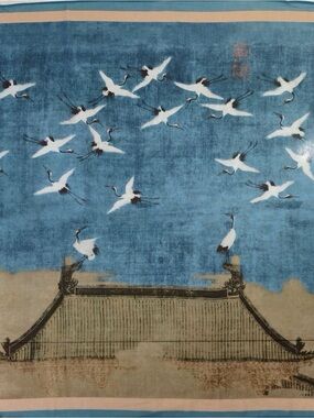 Blue Crane Silk Blend Square Scarf | Chinese Art Print | 27"x27" | NWT